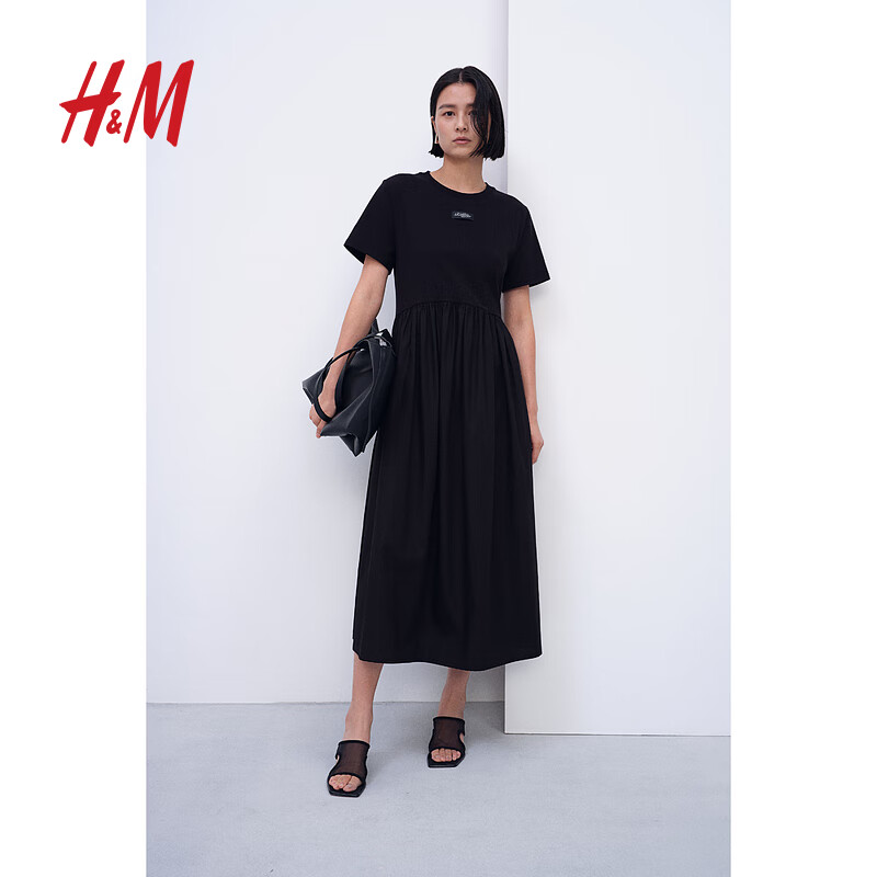 H&M女装连衣裙2024夏季新款修身舒适圆领短袖中长喇叭裙1234835 黑色/Aetherius 170/116