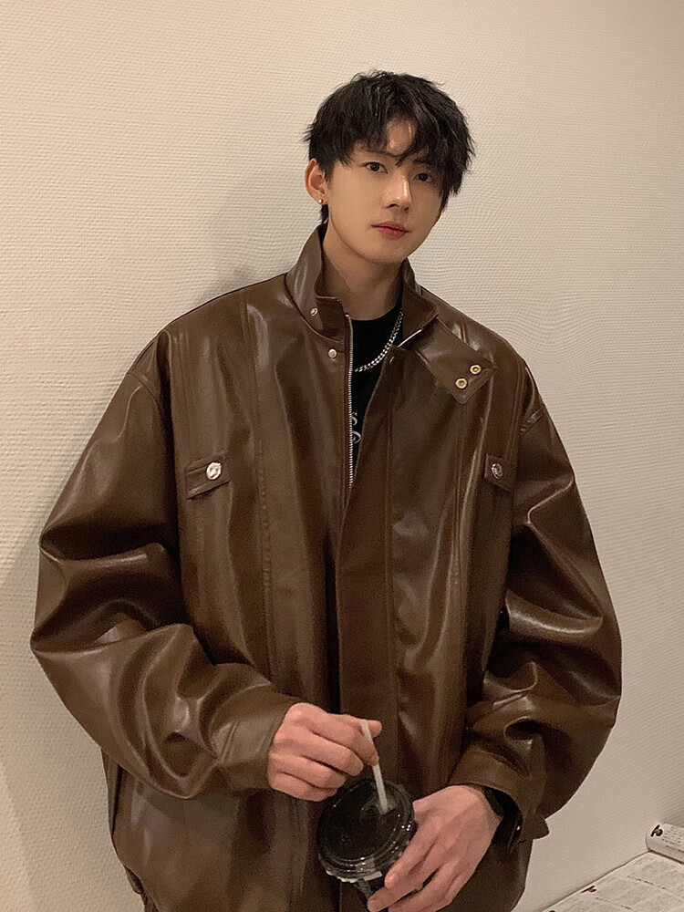 外套男春秋冬季高级感痞帅潮牌工装夹克复古休闲机车服 lyzxf-w06棕色