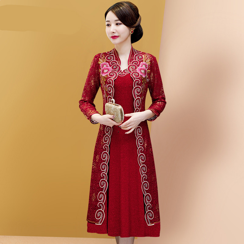 奥若文高档时尚结婚礼服妈妈装两件套秋款春装婚妈妈连衣裙喜婆婆婚宴