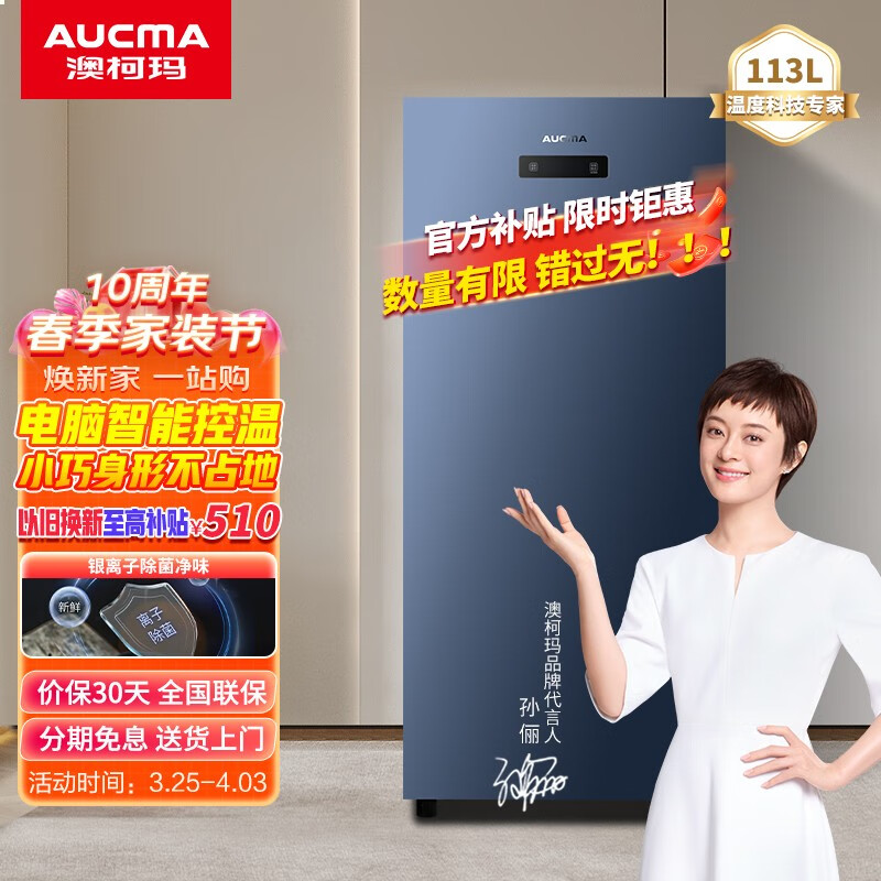 澳柯玛（AUCMA）一级能效侧开门立式冰柜 电脑智能控温全冷冻家用商用母乳柜小冷柜 BD-113EVH