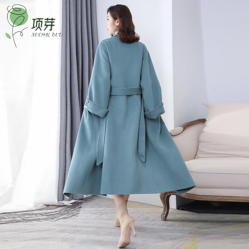 雾霾蓝毛呢外套女中长款系带秋冬新款高端赫本风呢子大衣风衣 雾霾蓝