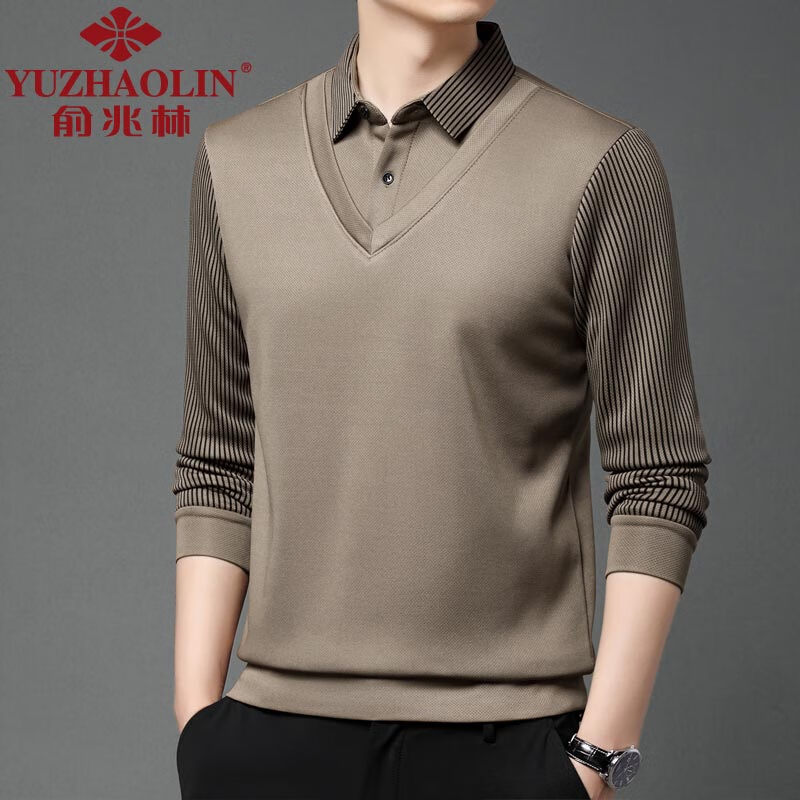 俞兆林假两件长袖t恤男士冬季新款加绒保暖衬衫领男装一体绒休闲卫衣服 卡其色 3XL (185) (建议175-190斤穿)