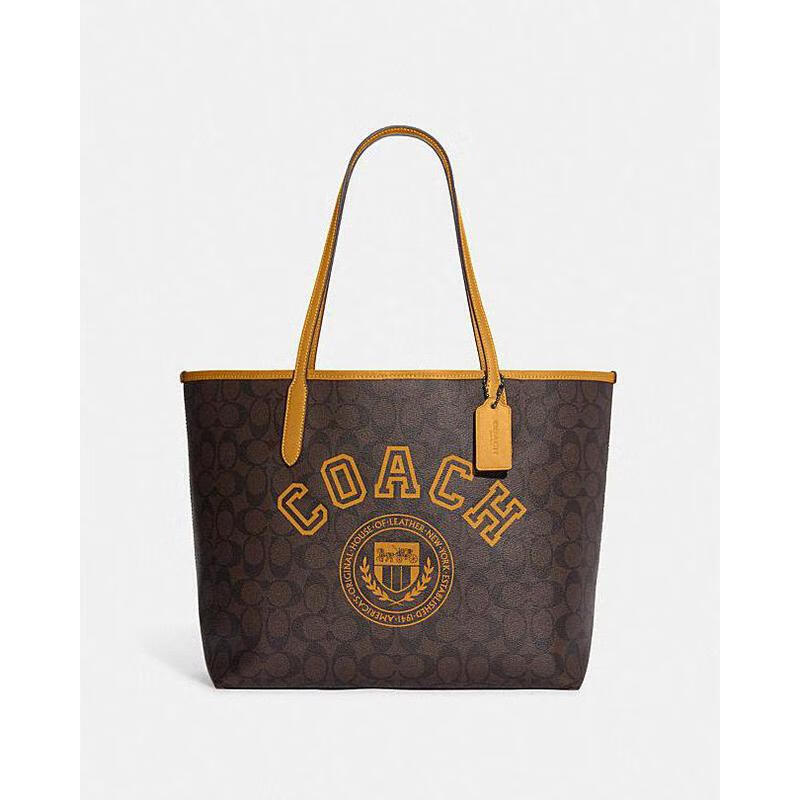 coach经典标志varsity图案city托特包 qb/棕色/金凤花色