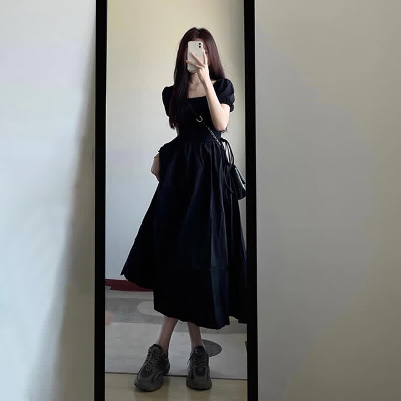 GARNUO法式方领赫本风黑色连衣裙女夏季小个子高级感裙子收腰小黑裙长裙 黑色 M 【106-120斤】