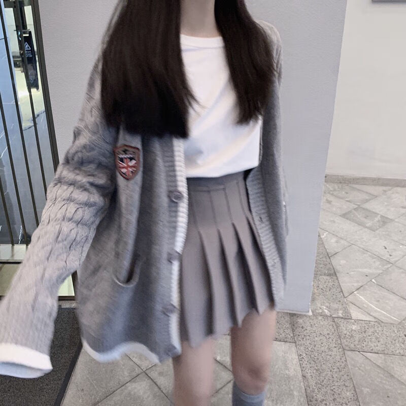 社会女早秋学院风jk套装裙女快手网红同款针织毛衣外套 百褶短裙 灰色