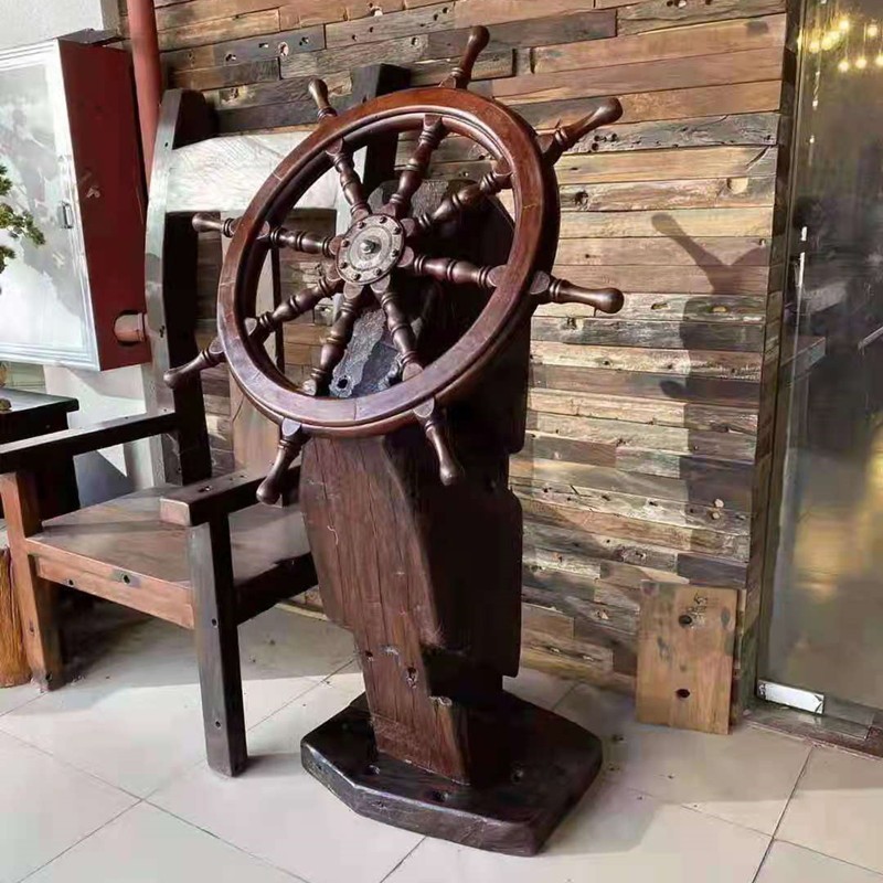 杞沐船木领航舵落地摆件实木船舵手公司开业礼品送礼老船木方向舵盘