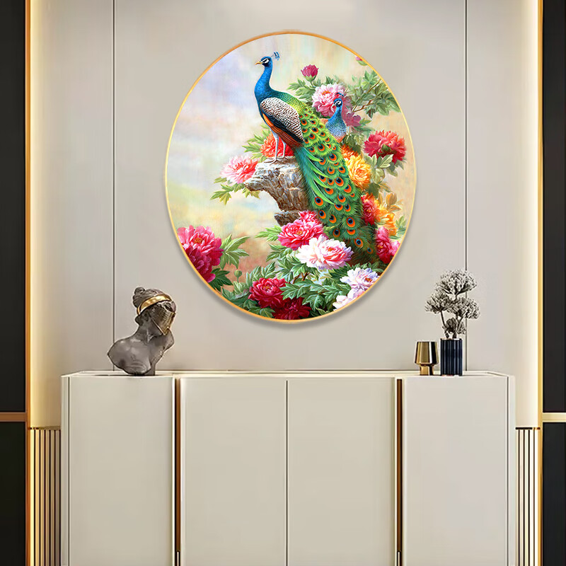 爱伦油画廊孔雀牡丹椭圆形入户玄关油画美式花开富贵走廊过道装饰画