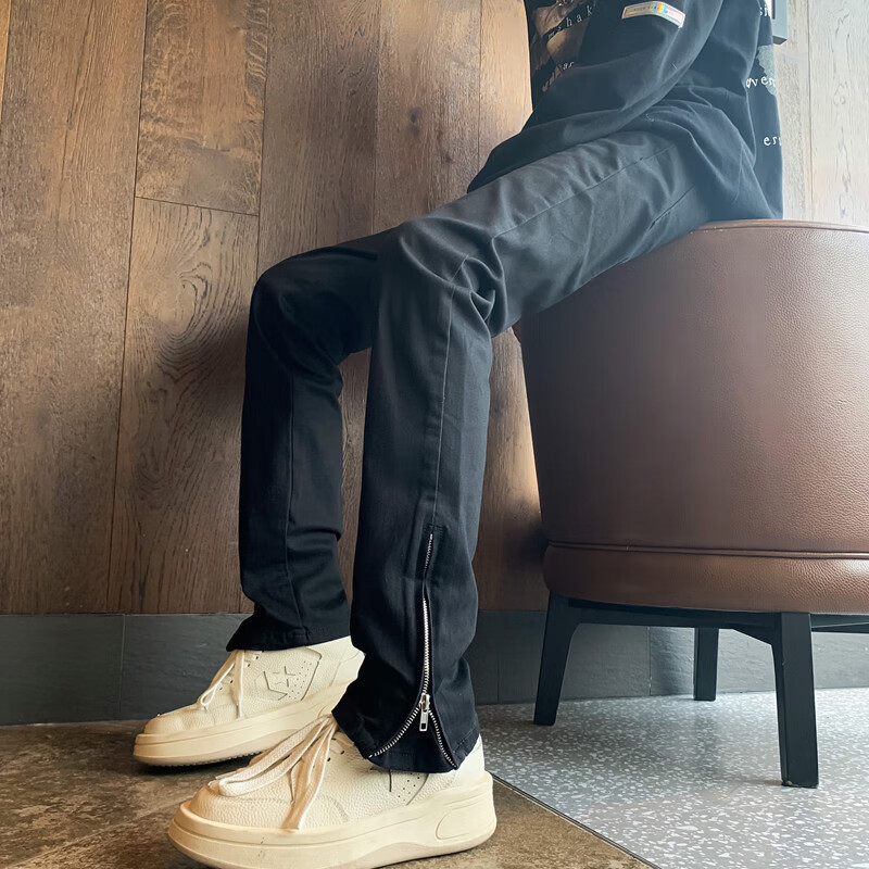 迪伽达裤子男春秋修身牛仔裤男美式vibe长裤痞帅开叉直筒休闲微喇裤男装 CHFS-C1051白色 常规 M 【建议105-115斤】