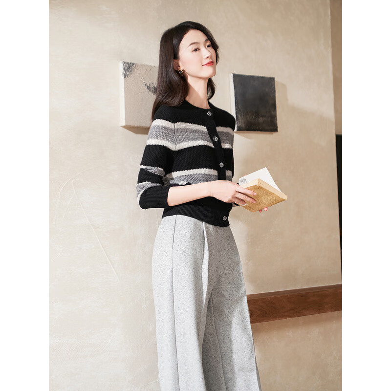 YINER音儿专选冬季女装海马毛羊毛混纺撞色条纹针织衫 黑色 M 38