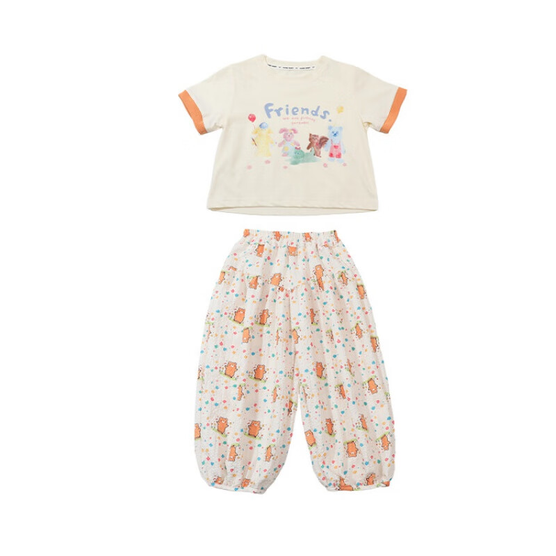 迪士尼（Disney）女童夏装套装24新款时髦洋气童装儿童衣服女宝宝短袖防蚊裤两件套 米杏色 90cm