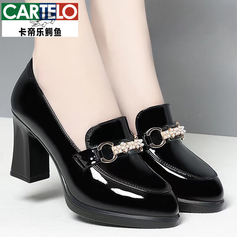 卡帝樂鱷魚（CARTELO）真皮走秀單鞋女春秋新款軟底高跟舒適粗跟中跟防水臺厚底皮鞋新品 黑色 7.5厘米跟高 37