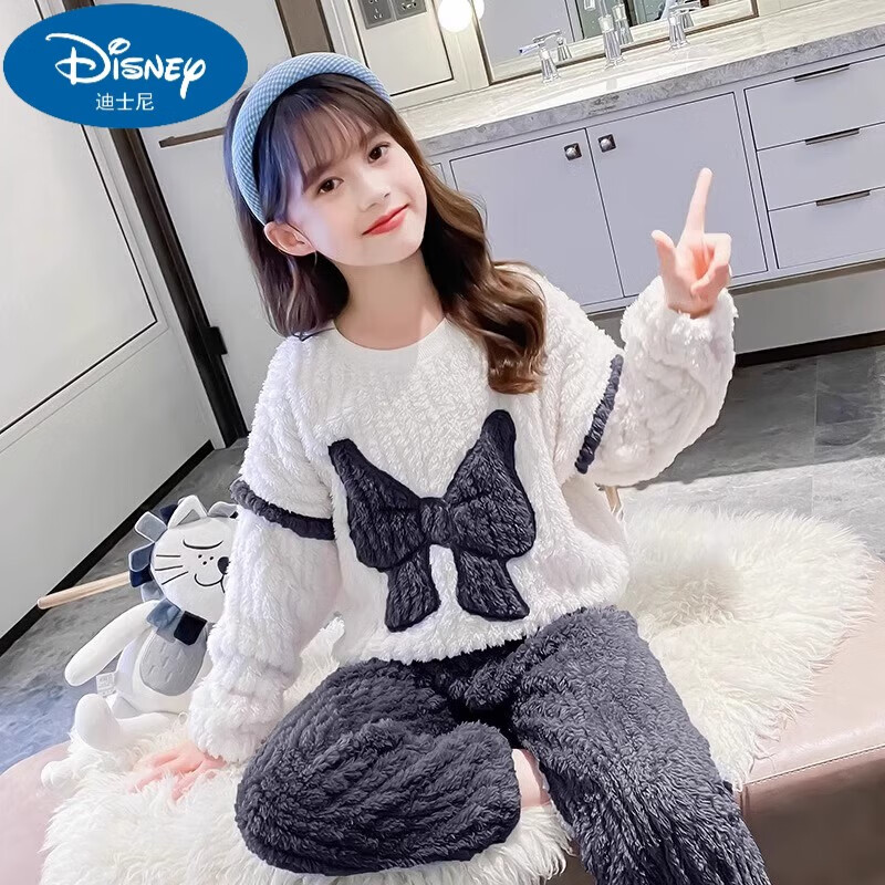 迪士尼儿童珊瑚绒睡衣女童加绒法兰绒保暖秋冬时尚女孩中大童家居服套装 857#[深灰色]蝴蝶结套装 120cm