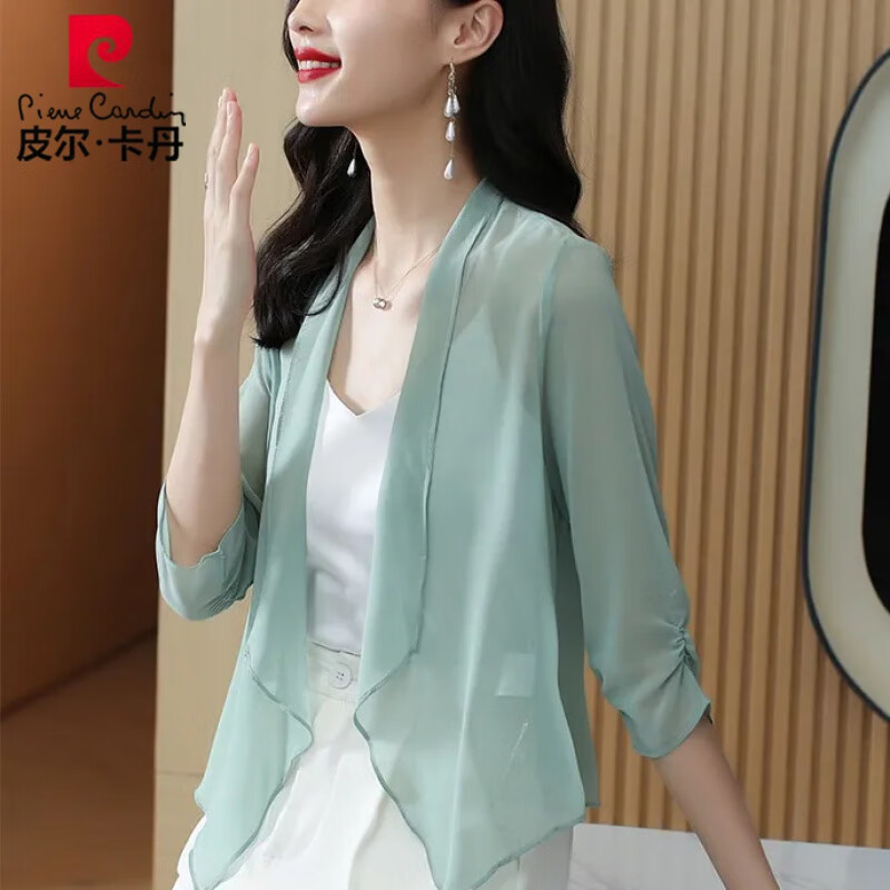皮爾卡丹夏季防曬衫女雪紡小披肩2024新款外搭開衫薄款上衣七分袖空調(diào)衫 2221#綠色 透氣雪紡衫 XL