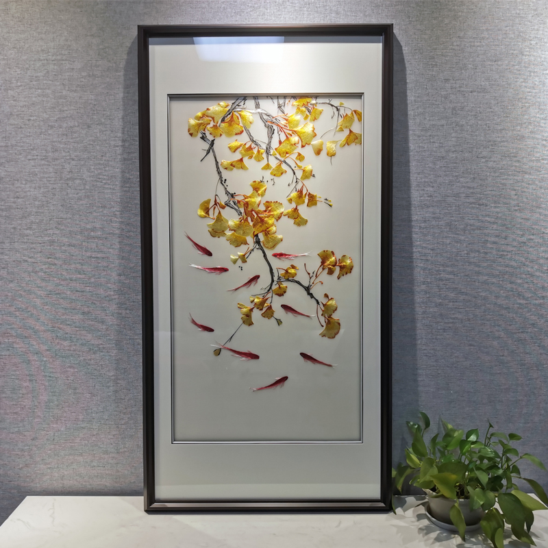 逸福瑞新中式玄关装饰画手工苏绣成品挂画苏州刺绣银杏九鱼走廊实木框