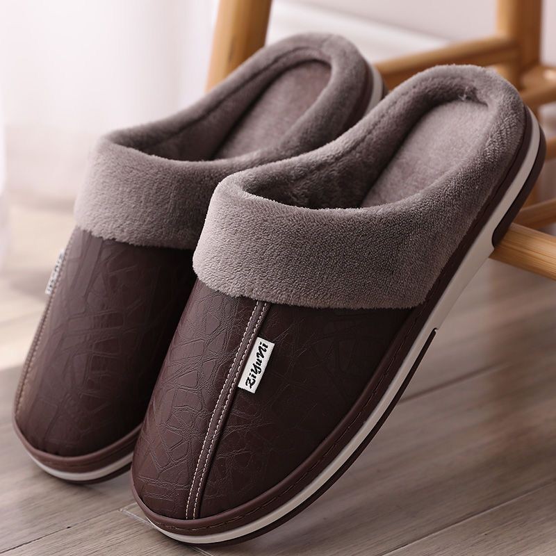 路韦羽 棉拖鞋男冬季居家室内冬皮厚底保暖情侣女棉拖 皮质棕色 42-43(适合41-42)