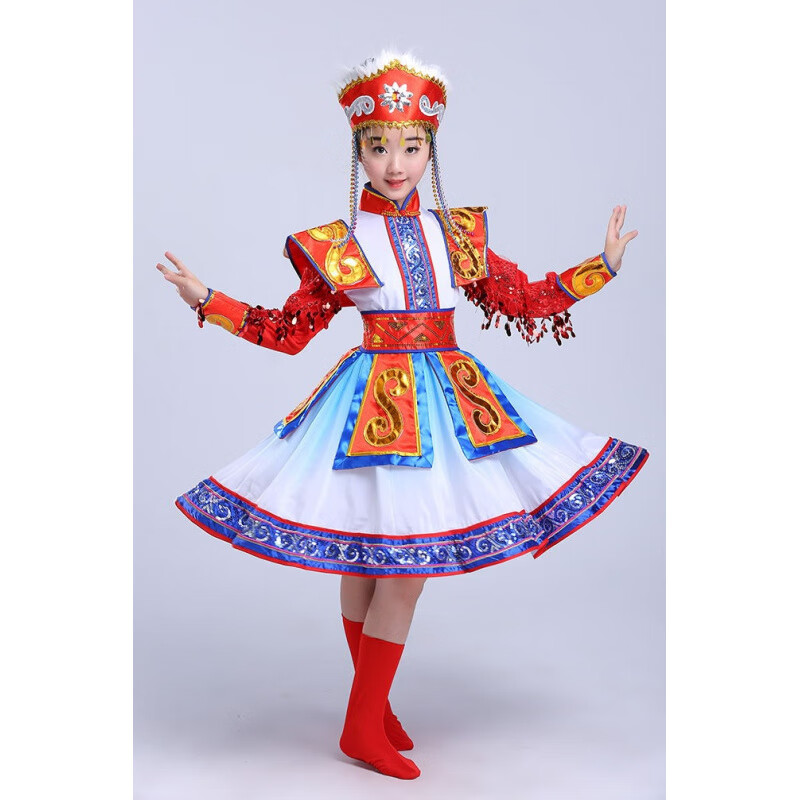 炫逐蒙古族服装女装演出服少数民族儿童蒙族舞蹈裙幼儿园六一元旦表演 红色 130