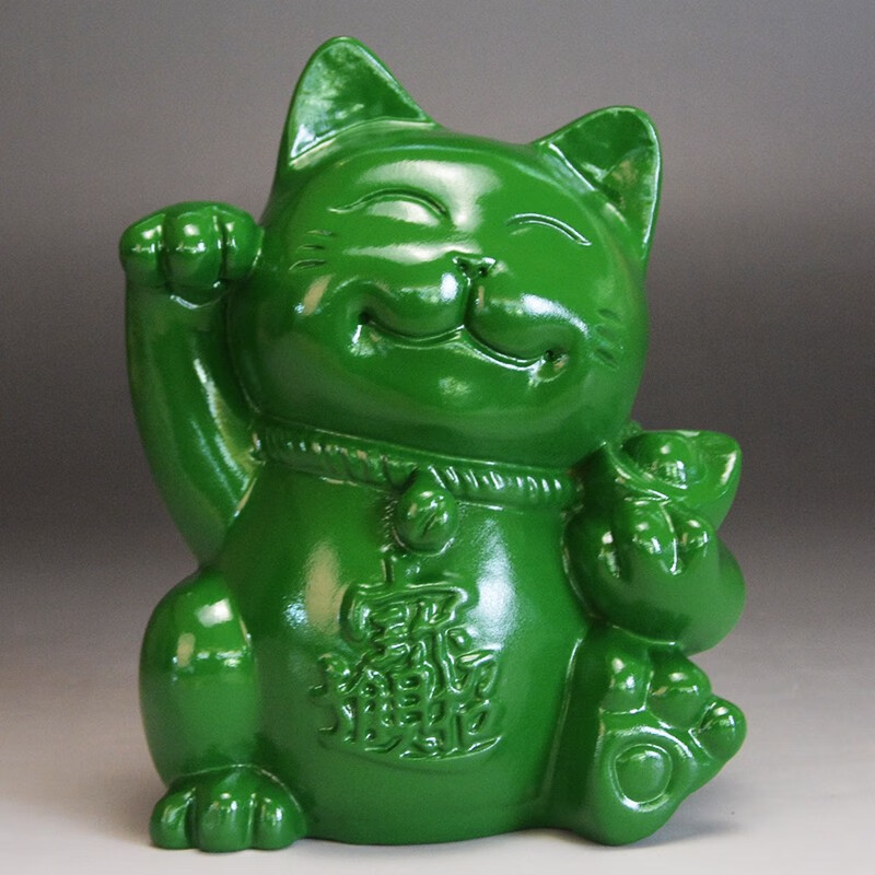 仙将绿色木雕招财猫摆件实木雕刻开业送礼品店铺收银台家居客厅发财猫