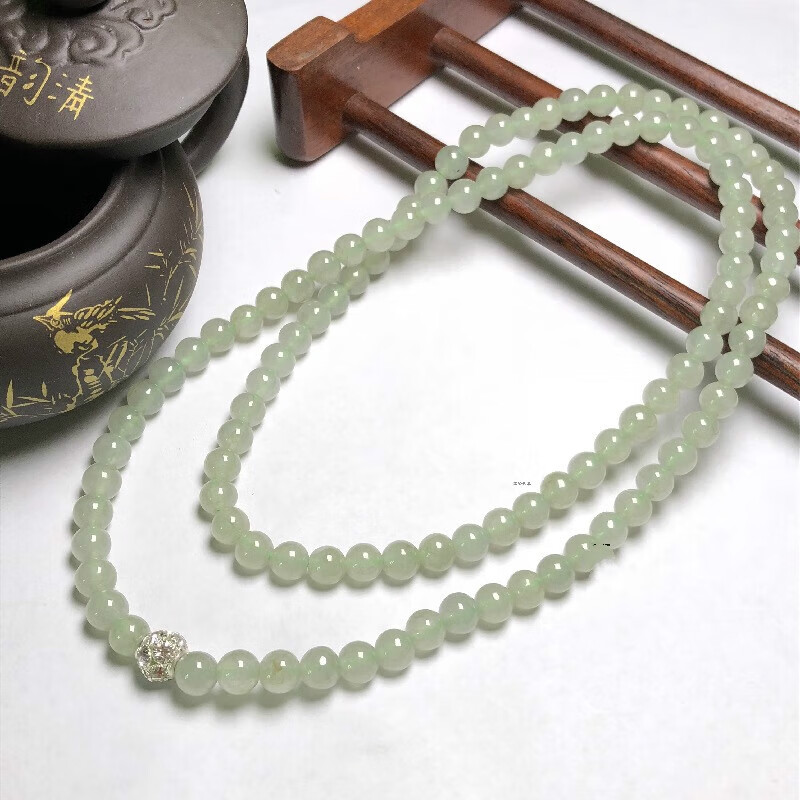 千弗【】108颗老坑冰种天缅甸然翡翠淡绿项链油青玉珠圆珠 石男女珠链