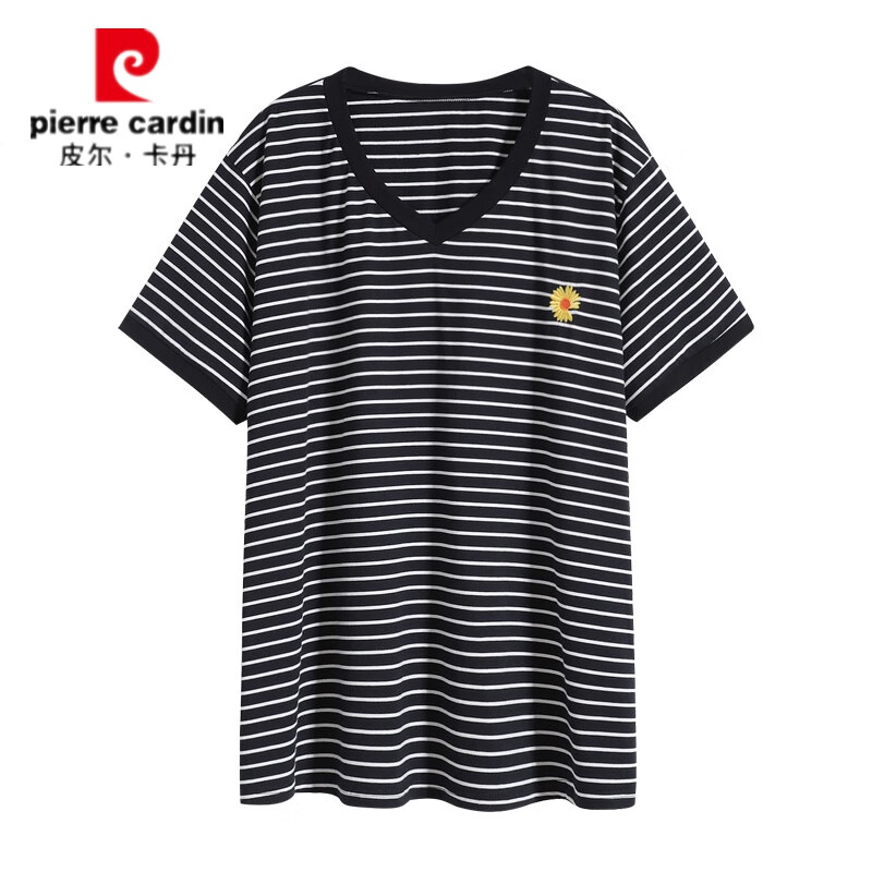 皮尔卡丹大码女装2024夏装新款加肥加大宽松显瘦条纹刺绣v领短袖t恤女上衣 黑白条纹 3XL
