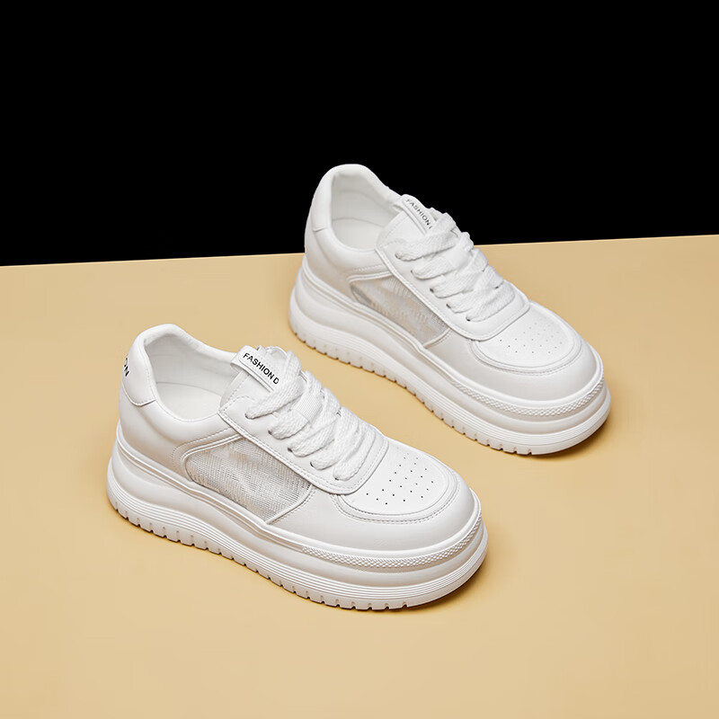 夏朗哲学生小白鞋女2024春季新款女鞋女款厚底时尚网面透气鞋子运动