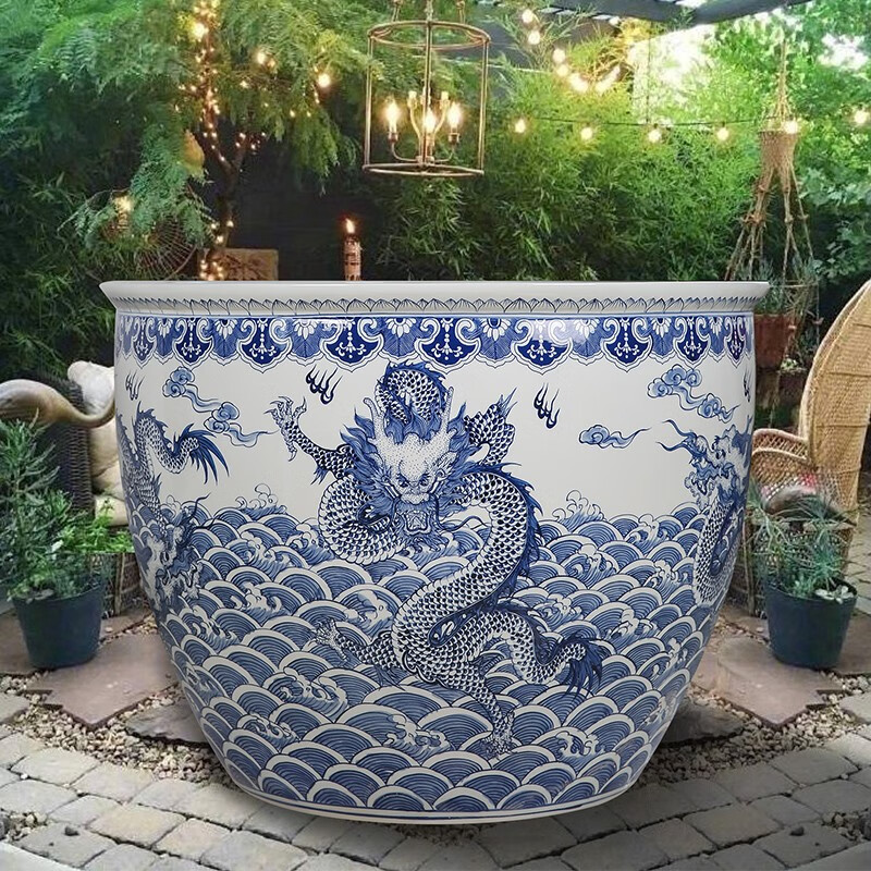 乾图公坊景德镇青花瓷水缸手绘龙纹陶瓷鱼缸特大号睡莲荷花盆庭院种树