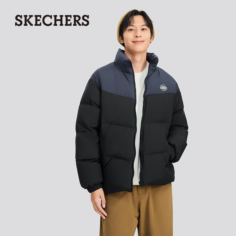 斯凯奇（Skechers）男女同款冬季新品潮流梭织短款面包立领三防科技羽绒服L324U104 碳黑/0018 L