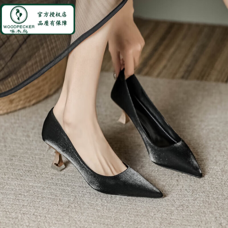 细跟高跟鞋女35公分软皮不易累质百搭2024款工作单鞋 黑色3厘米旗舰款