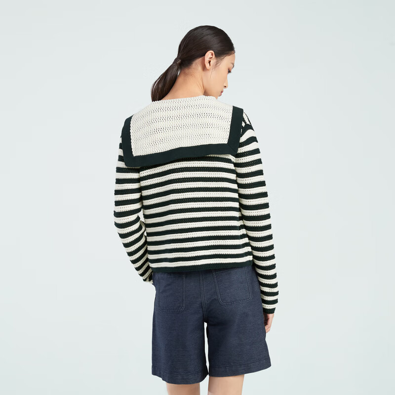 OVV2023春夏新款女装新疆棉条纹海军领法式风格针织外套 藏青条纹03 M