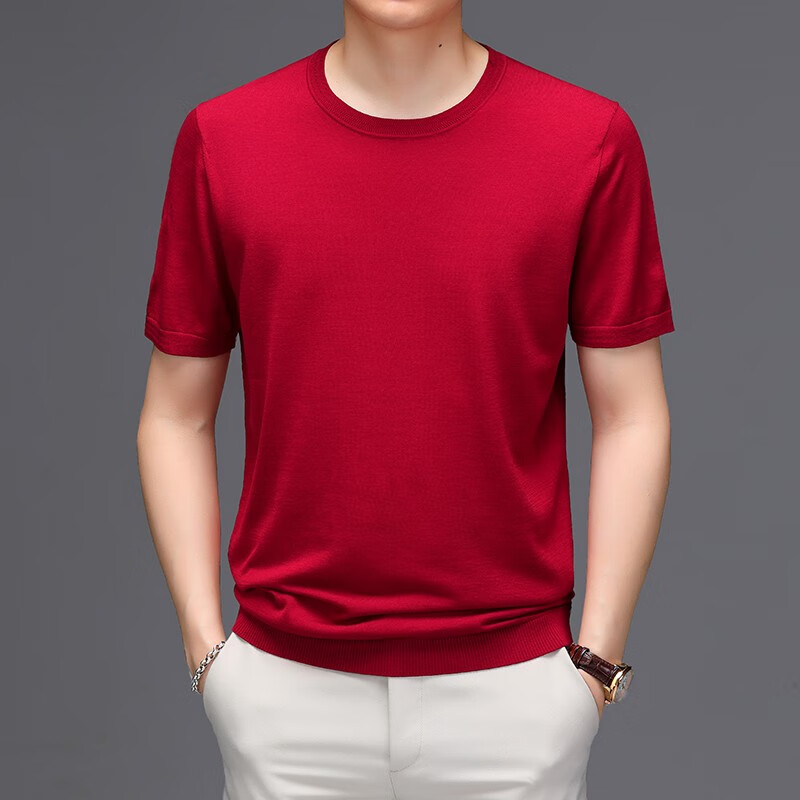 诺格威夏季体恤衫男圆领短袖日常打底上衣纯色含桑蚕丝休闲中年T恤纯t男 砖红 170