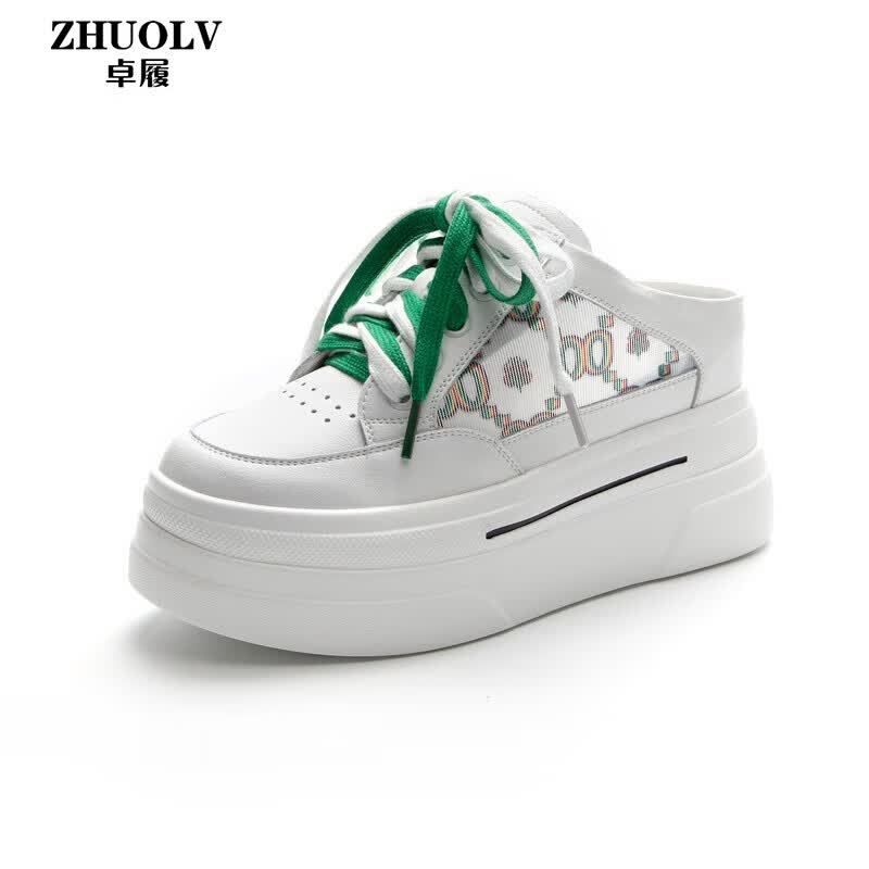 卓履(zhuolv)品牌包头半拖鞋女春夏新款松糕真皮内增高小白网面透气