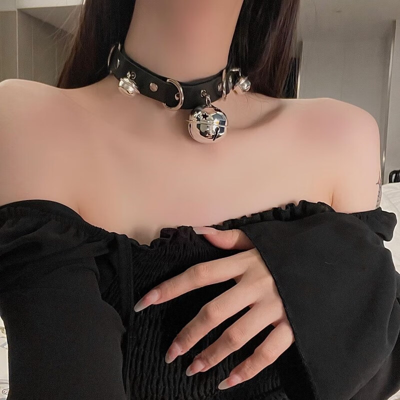 大铃铛pu皮带扣项圈女禁欲系choker项链情趣sm配饰女仆脖子颈带 黑色