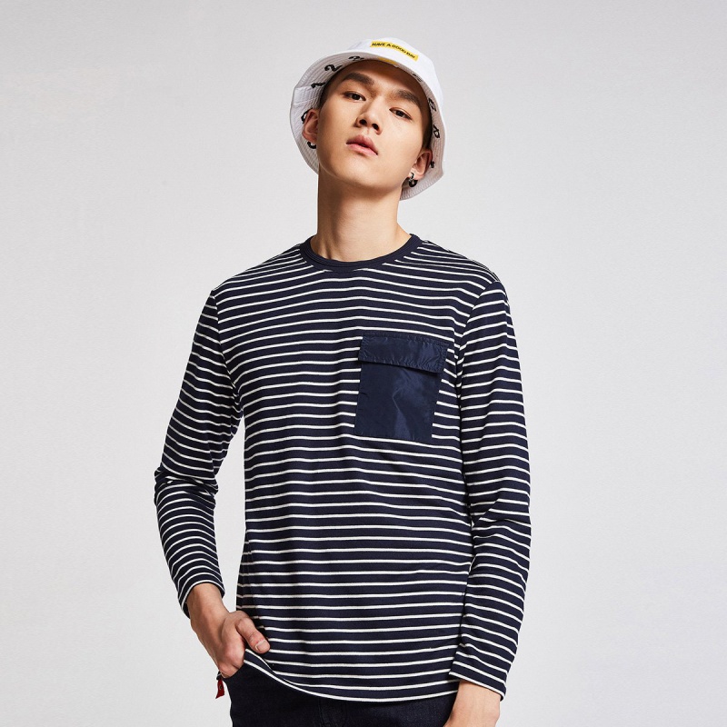 riverstone【特清款】流石男装秋季新款韩版男青年条纹修身圆领男式