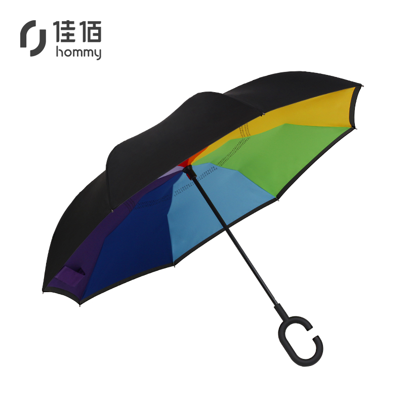 Hommy 反向伞 免持式汽车双层反向雨伞 手开长柄直柄伞 彩虹