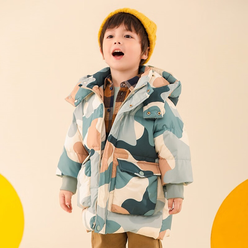 康博儿童男童中长款连帽羽绒服2024冬季新款宝宝宽松韩版加厚保暖外套 迷彩色 120