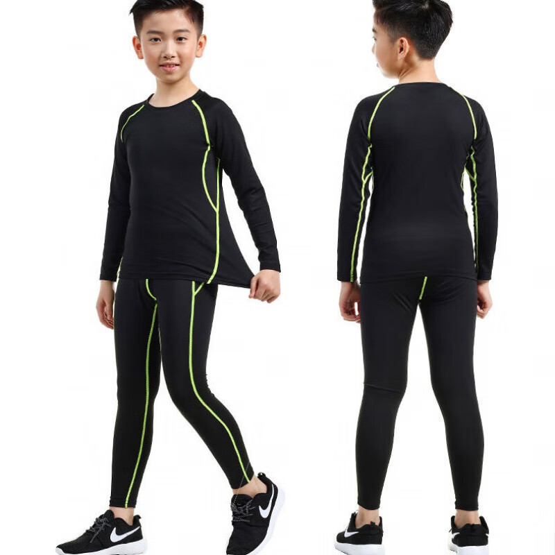 凯逸弗(kainifu)儿童运动紧身衣男套装秋冬篮球足球训练服速干打底保暖健身服童装 薄款黑色灰线套装 22码