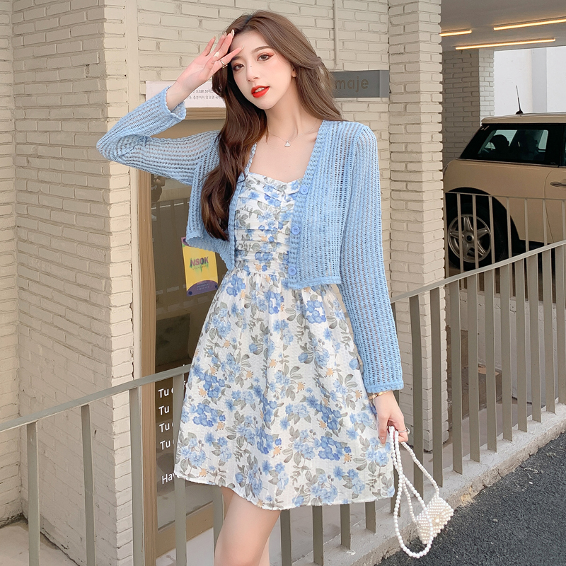 矮个子微胖女生穿搭吊带连衣裙两件套针织开衫夏季甜美装裙子春夏小