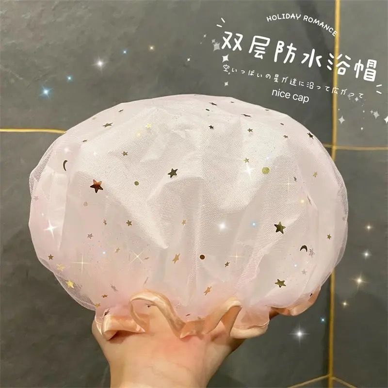 时尚双层星空设计加厚浴帽防水防油沐浴帽女士洗澡帽 星空粉 双层浴帽