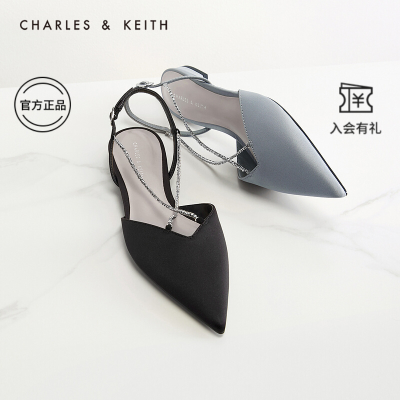 CHARLES＆KEITH2021春夏新品CK1-70900271-A女士链条尖头平跟凉鞋 Light Blue浅蓝色 37