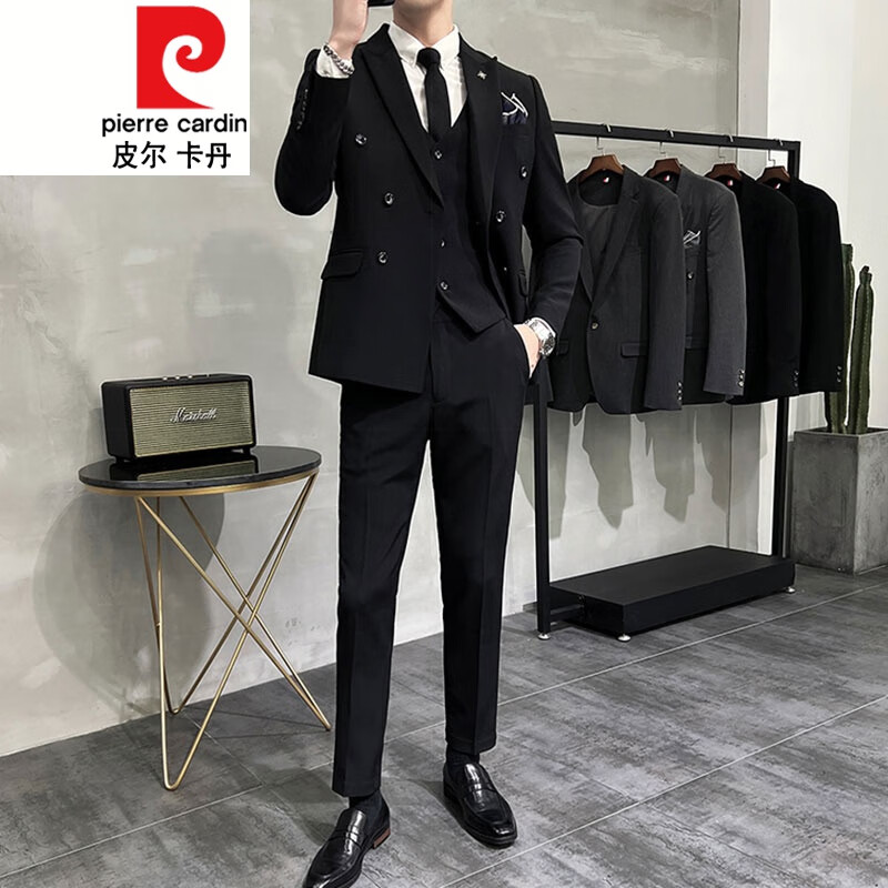 皮爾卡丹（pierre cardin）雙排扣西裝男套裝結(jié)婚禮服修身感新郎西服男韓版潮流英倫風(fēng)帥 黑色(西服+褲子+馬甲+襯衫) 領(lǐng)帶 L