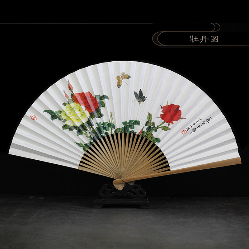 风8寸折扇30方双面串山水画纸扇男士折扇子诗词古风水墨复古1 牡丹花