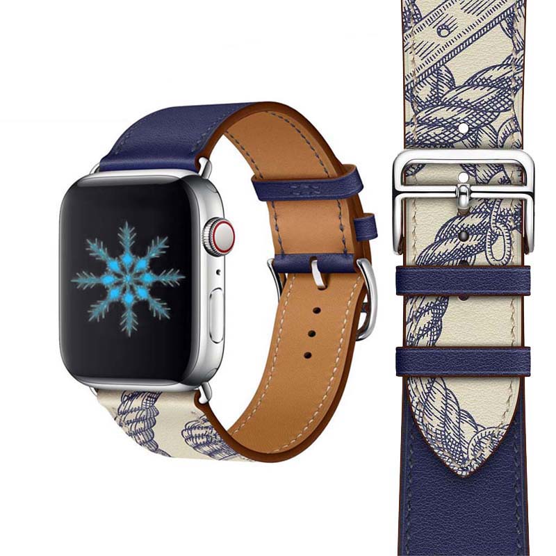 辉敏 真皮表带适用苹果手表爱马仕款Apple watch3代4代5代6代新款7代SE头层牛皮双色表带 墨蓝配泥灰色 单圈 44mm/45mm