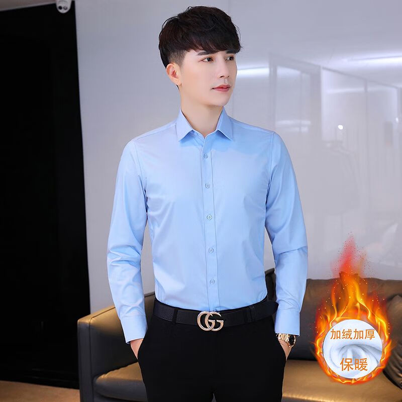 c穿西装搭配的内衬免烫衬衫男抗皱免烫纯黑色衬衫士长1袖商务加1绒