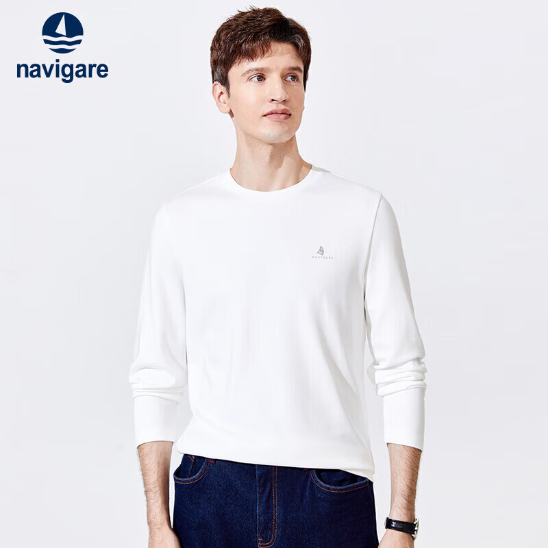 Navigare意大利小帆船长袖T恤秋季打底衫圆领套头上衣1335002021 白  L 