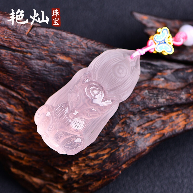 艷燦 粉晶狐貍吊墜女天然粉水晶狐仙水晶姻緣九尾狐項(xiàng)鏈男友中秋節(jié)