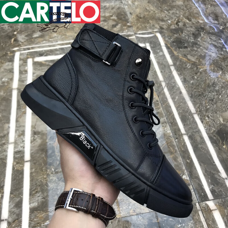 卡帝樂鱷魚（CARTELO）真皮馬丁靴男英倫風(fēng)高幫皮鞋中幫男鞋軟皮冬季靴子黑色男士皮靴潮 黑色加絨2169 41 標(biāo)準(zhǔn)皮鞋尺碼