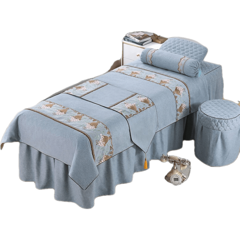 网红蕾丝美容床罩四件套欧式纯色荷兰绒美容院专用按摩床罩套阿宝 浅灰色 亚麻绗缝加厚款 190*70方头四件套赠被芯