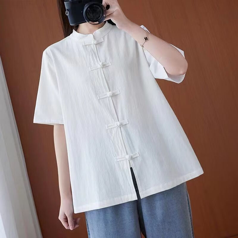 知藤民国风茶艺师服装中国风茶服女中式唐装棉麻复古对襟盘扣上衣女夏