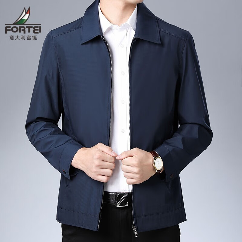 富铤(fortei)夹克2023春秋季中老年商务休闲纯色简约时尚修身翻领外套