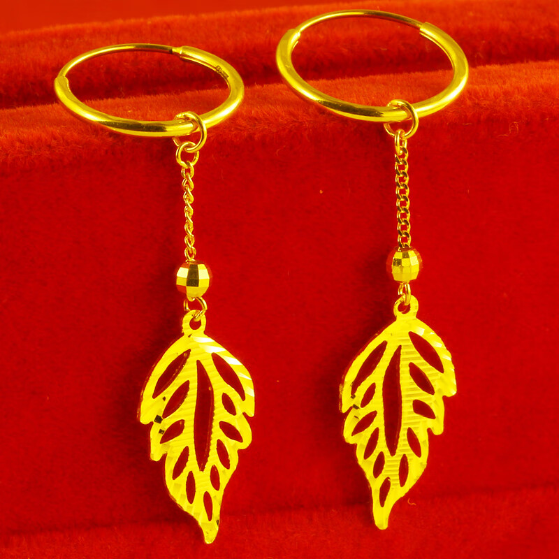 千影珠宝黄金耳环女款9999足金耳坠素金耳饰叶子真金首饰时尚流苏妈妈