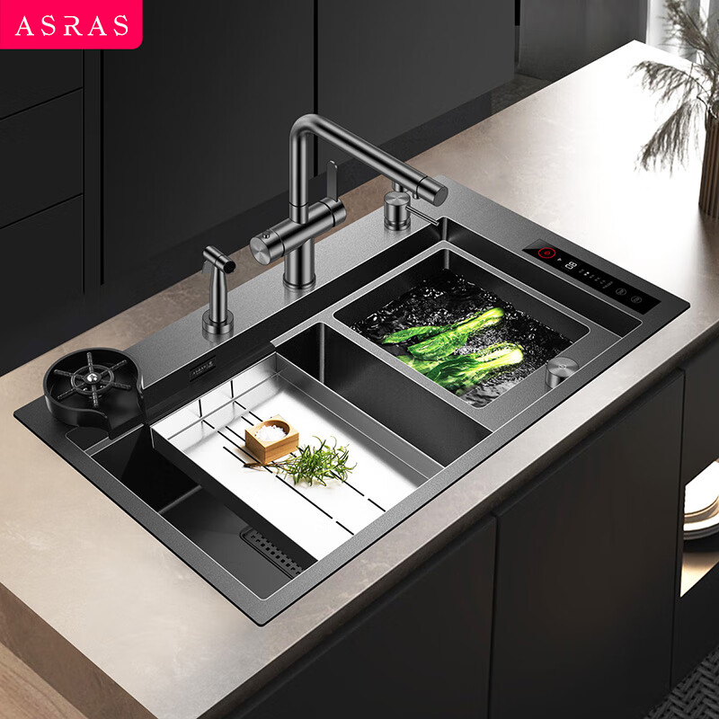 阿萨斯（ASRAS）8450 智能水槽水触媒果蔬净化水槽厨房多功能洗菜机洗杯器大双槽 套餐5-4063龙头 台控下水器